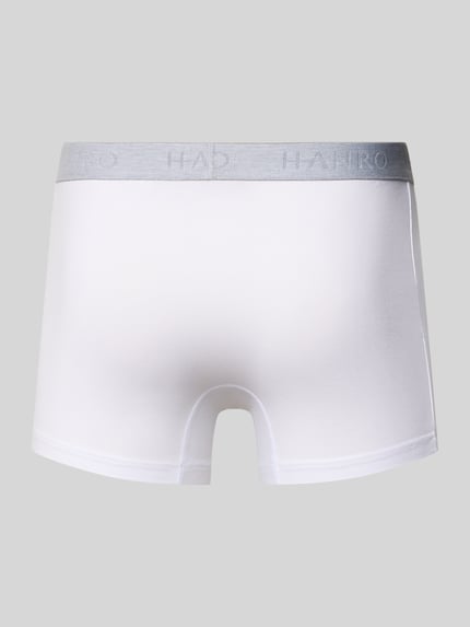 Produktfoto, Trunks mit Label-Details im 2er-Pack von Hanro aus Baumwoll-Elasthan-Mix, körpernaher Schnitt, elastischer Bund, weiß.