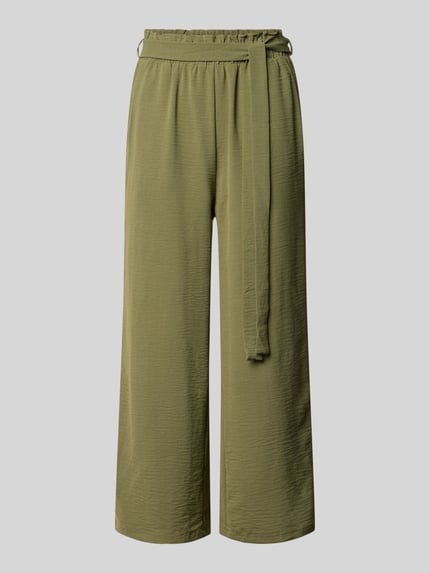 Produktfoto, Culotte mit Bindegürtel Modell 'JOSA' von Vila in Olive, Loose-Fit, Elastikbund, seitliche Eingrifftaschen, strukturierte Textur, Bundweite bei Größe 36: 35 cm, Innenbeinlänge bei Größe 36: 91 cm