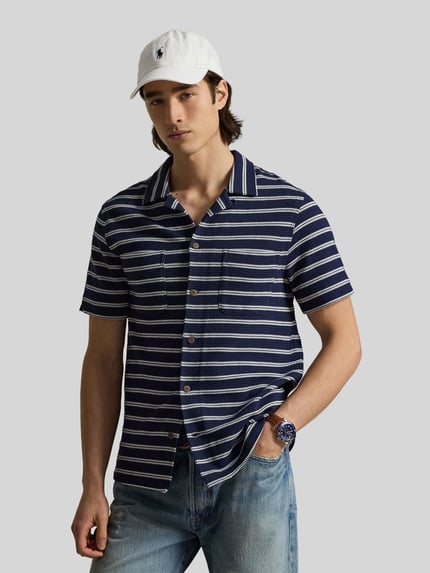 Polo Ralph Lauren regular fit vrijetijdsoverhemd van katoenmix met gaatjesmotief-strepen Marineblauw - 4