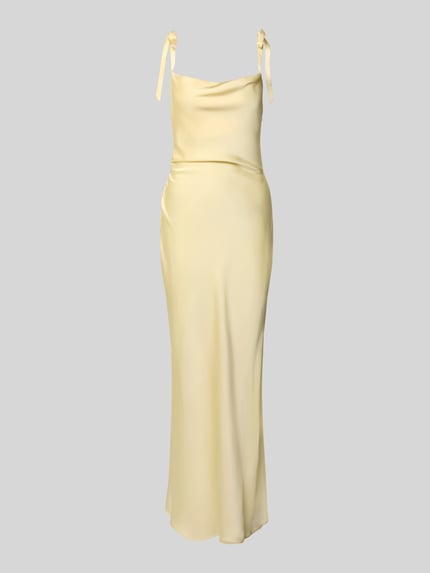 Produktfoto, Slim Fit Midikleid aus Satin Modell 'Maxima' von LeGer by Lena Gercke in hellgelb, mit Zierschleife, Ärmelloses-Design, glatte Satin-Haptik, Rückenlänge 123 cm, Brustweite 34 cm, Damen Midikleid