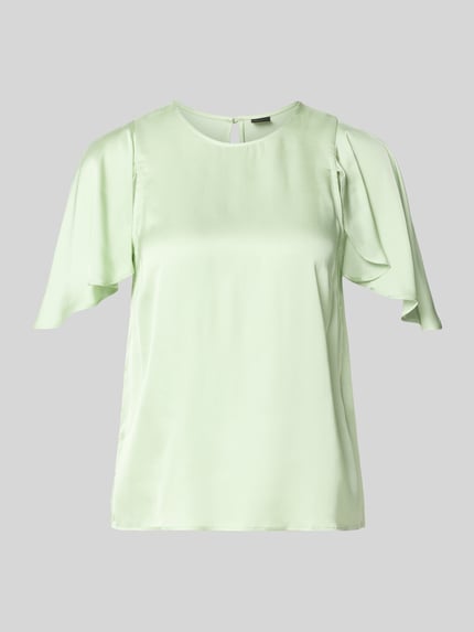 Produktfoto, Regular Fit Satinbluse mit Cut-Outs Modell 'C_ILIZIA' von BOSS Orange in Optik: Unifarben, Kurzarm, Schmetterlingsärmel, Materialverarbeitung: Satin, Material: reine Viskose, sanft glänzende glatte Textur, Pastellgrün