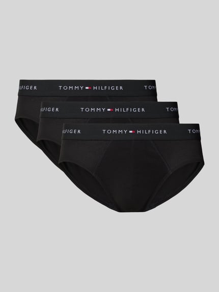 Produktfoto, Slip aus Baumwoll-Mix im 3er-Pack von Tommy Hilfiger, unifarben schwarz, Label-Schriftzug am elastischen Bund, Skinny Fit, Stretch-Material