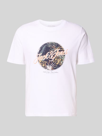 Produktfoto, męski t-shirt z bawełny o kroju regular fit, nadruk honolulu, okrągły dekolt, długość tyłu w rozmiarze M 68 cm, model 'HONOLULU' od Jack & Jones