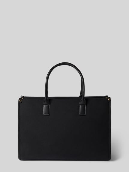 Produktfoto, schwarze Handtasche aus Baumwoll-Viskose-Mix Modell 'ACANTHA' von VALENTINO BAGS mit Logo, Tragehenkeln und Schulterriemen.