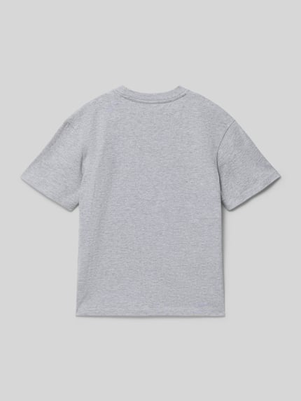 Produktfoto, graues T-Shirt mit Rundhalsausschnitt und Logo-Stitching von KARL KANI aus reiner gewachster Baumwolle, gerader Schnitt.