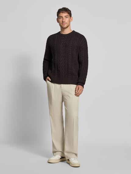 Jake*s Studio Men Strickpullover mit Zopfmuster Dunkelbraun 1