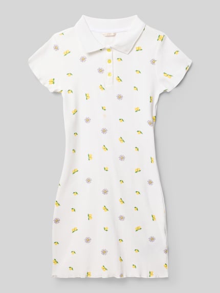 Produktfoto, Slim Fit Kleid mit Polokragen von Guess aus reiner Baumwolle, floraler Allover-Print, kurzärmelig, weiße Grundfarbe, Größe 140, strukturierte Oberfläche