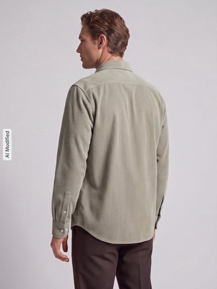 Männermodel trägt Regular Fit Freizeithemd aus reiner Baumwolle Modell 'Relegant' von BOSS Orange in Hellbeige, Ganzkörperansicht Rückansicht, KI-modifiziertes Bild.
