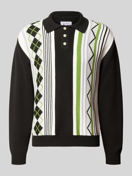 Produktfoto, Regular Fit Langarm-Poloshirt Modell 'TULLA' von Edwin aus Baumwoll-Mix im Allover-Look mit Knopfleiste in Schwarz, Weiß und Grün, Herren Poloshirt