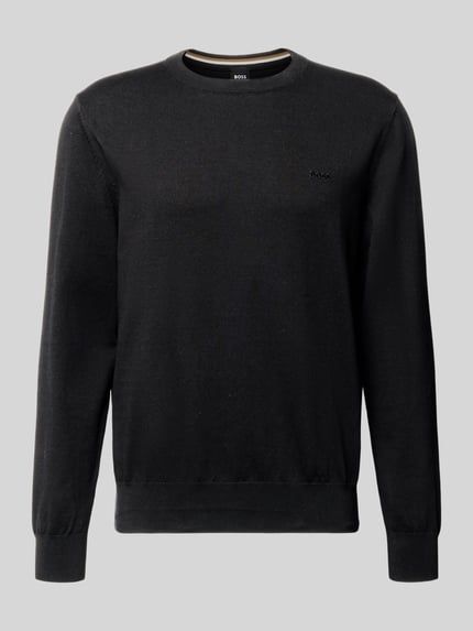 Produktfoto, Regular Fit Strickpullover aus reiner Baumwolle Modell 'UPCAS' van BOSS, uni zwart, melange look, geribde boorden, label stitching, crew neck, lange mouwen, herenpullover