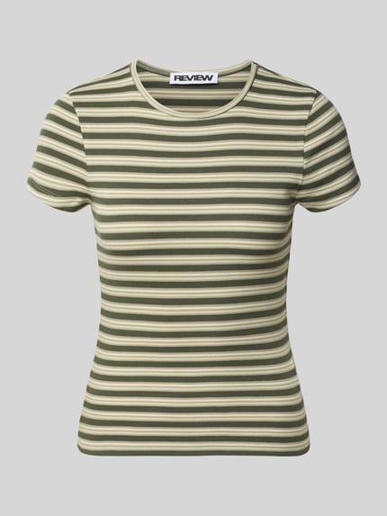 Produktfoto, T-shirt met ronde hals van REVIEW, mix van katoen en elastaan, nauwsluitende pasvorm, fijnrib, groen gestreept, ruglengte maat S 52 cm