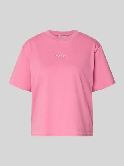Produktfoto, Boxy Fit T-Shirt aus reiner Baumwolle von Tom Tailor Denim in Pink, unifarben, kurzarm, Rundhals, Motiv-Stitching, Feinripp-Textur