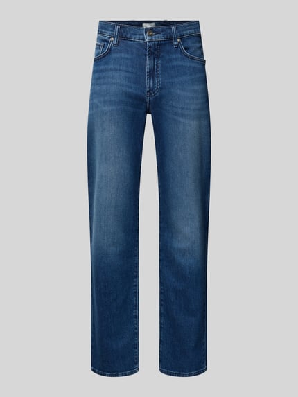 Produktfoto, Jeans met steekzakken Model 'Clint' van Brax, herenjeans van katoenmix met stretch, regular fit, blauwe denim textuur. Context: Bandwijdte maat 32/32: 44 cm, binnenbeenlengte: 75 cm.