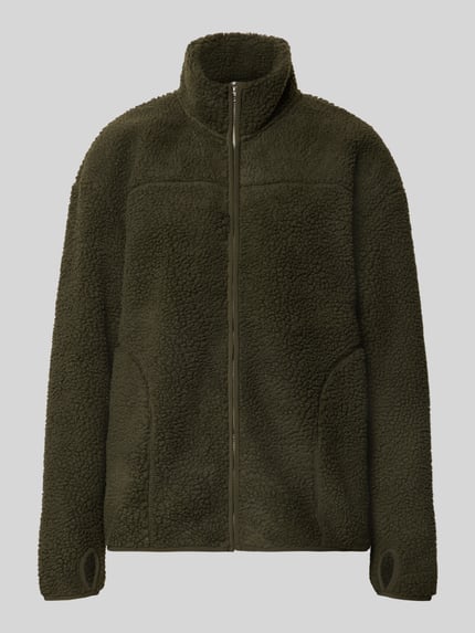 Produktfoto, ciemnozielona kurtka z miękkiego, puszystego materiału, model Relaxed Fit Teddyjacke mit Stehkragen Modell 'SAIDA' od PIECES, damska teddy/webpelzjacka
