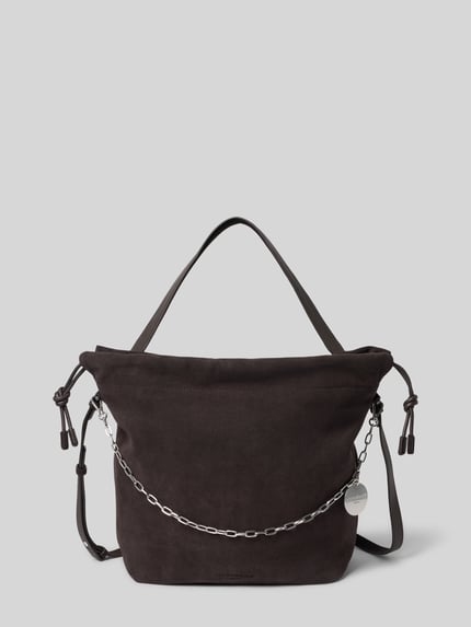 Productfoto, handtas uit echt suède model 'Lya' van LIEBESKIND BERLIN, donkerbruin, hoofdvak met tunnelkoord, afneembare schouderband, reliëflogo, breedte maat 1: 44 cm, lengte maat 1: 36 cm, diepte maat 1: 16 cm, bandlengte maat 1: 120 cm