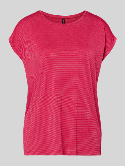 Produktfoto, Relaxed Fit T-Shirt aus Viskose-Mix Modell 'LAVA' von Vero Moda, czerwony, drobne poziome paski, efektowna przędza, okrągły dekolt, krótkie rękawy z podwinięciem, damska koszulka z wzorem allover