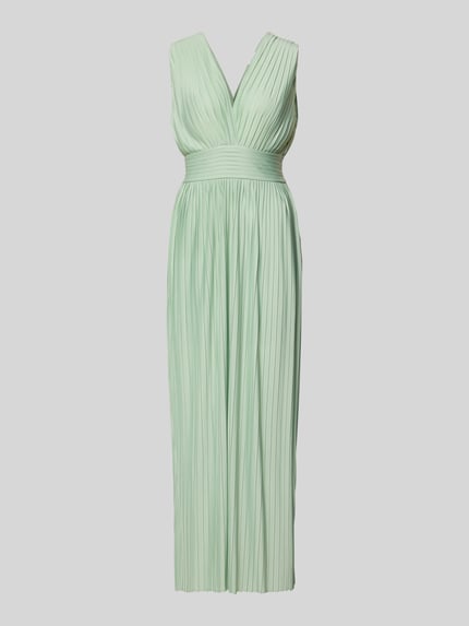 Produktfoto, Abendkleid mit V-Ausschnitt Modell 'Linnea' von GUIDO MARIA KRETSCHMER WOMAN aus mintfarbenem Chiffon mit Plisseefalten, taillierter Schnitt, Maxikleid, seitlicher Nahtreißverschluss, eleganter Look.