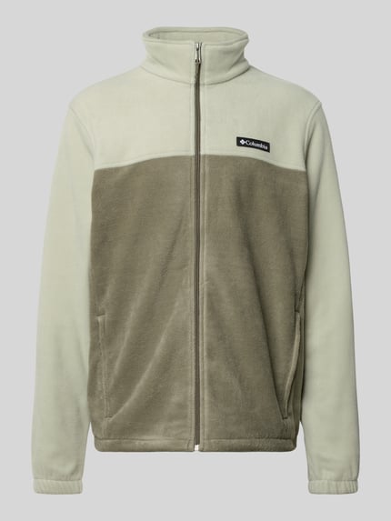 Produktfoto, Regular Fit Fleecejacke mit Logo-Patch Modell 'Mountain' von COLUMBIA in Beige und Oliv, Stehkragen, Reißverschluss, Eingrifftaschen, elastische Ärmelabschlüsse, Rückenlänge 70 cm, Ärmellänge 68 cm, weiche Fleece-Textur