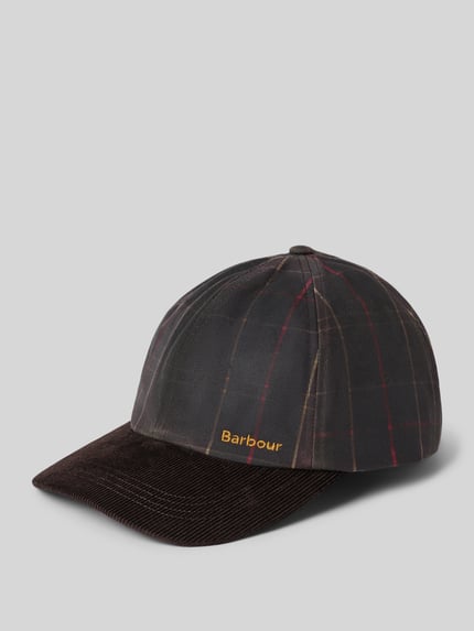Produktfoto, Cap aus reiner Baumwolle von Barbour im karierten Muster mit dunklen Farben, sichtbare Struktur des Cord-Schirms, Damen Cap von Barbour