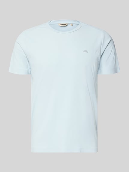 Produktfoto, hellblaues Herren T-Shirt mit Strukturmuster, Logo-Print, Rundhalsausschnitt, Material-Mix mit Stretch-Anteil, Regular-Fit, Modell 'T-Shirt mit Strukturmuster Modell 'TELLER TEE' von Ellesse', Rückenlänge 67 cm bei Größe M