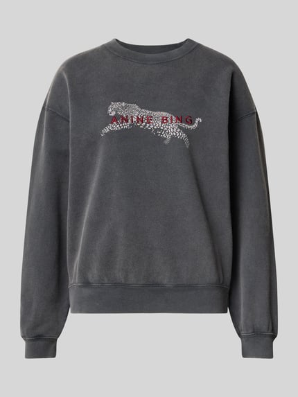 Produktfoto, Oversized Sweatshirt aus reiner Baumwoll von Anine Bing in Dunkelgrau mit Motiv-Print, elastischen Abschlüssen und Label-Detail.