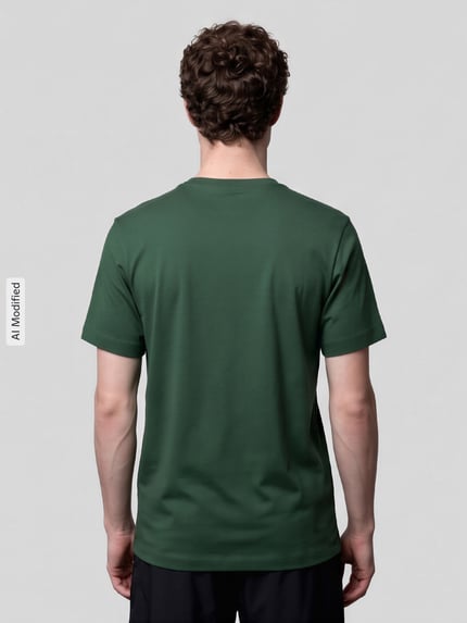 Männermodel trägt Regular Fit T-Shirt aus reiner Baumwolle von Nike in Dunkelgrün, glatte Oberfläche, Ganzkörperansicht Rückansicht, KI-modifiziertes Bild.
