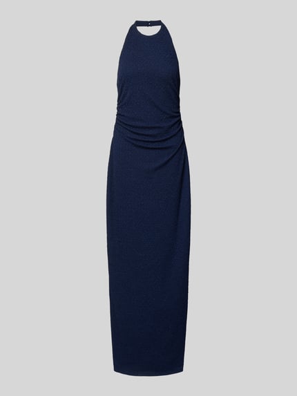 Produktfoto, Abendkleid mit Strukturmuster und Raffungen von SWING, figurbetonter Schnitt, Maxikleid in Dunkelblau, Neckholder, strukturierte Oberfläche