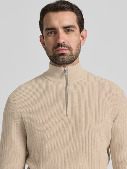 Männermodel trägt Strickpullover mit gerippten Abschlüssen van Christian Berg Men in beige, katoen, regular fit, staande kraag, korte rits, Nahaufnahme Oberkörper.