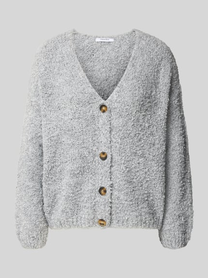 Produktfoto, Cardigan mit V-Ausschnitt Modell 'So44fia' von ZABAIONE in Hellgrau, Knopfleiste, strukturierte Oberfläche, Material-Mix mit Viskose-Anteil