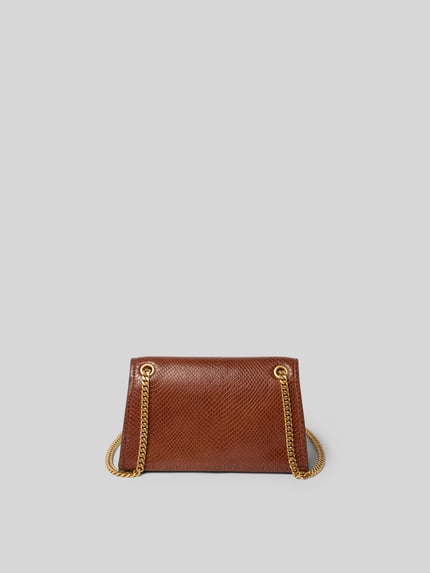 Productfoto, Shoulder Bag met slangenmotief van Tory Burch, bruin met schakelkettinglook, 21x12x7 cm, steekvak binnen, hoofdzak met overslag en kliksluiting