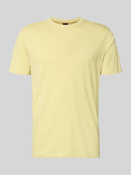 Produktfoto, Regular Fit T-Shirt aus strukturierter Baumwolle Modell 'TEGOOD' von BOSS Orange, żółty, gładka faktura, krój regular fit, nadruk z logo, okrągły dekolt, krótki rękaw, czysta bawełna