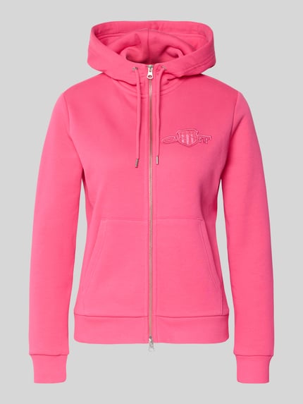 Produktfoto, Sweatjacke mit Zweiwege-Reißverschluss und Label-Patch von Gant aus mieszanka bawełny i elastanu, krój regular fit, kaptur, kieszeń kangurka, różowy kolor, gładka tekstura