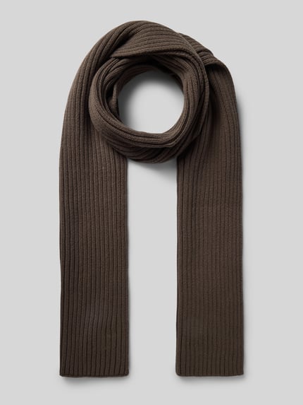 Produktfoto, Schal mit Label-Patch aus Kaschmir von CAMEL ACTIVE in brauner Strickoptik mit Strukturmuster, Rippstrick-Textur