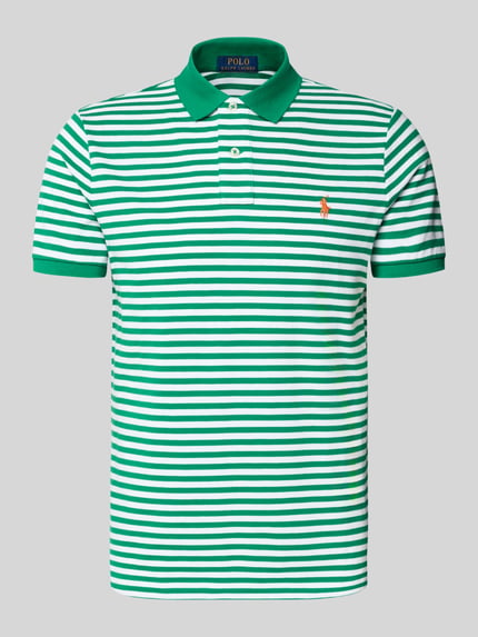 Produktfoto, Slim Fit Poloshirt aus reiner Baumwolle von Polo Ralph Lauren, zielono-białe pasy, krój slim fit, logo, krótki rękaw, bawełna piqué