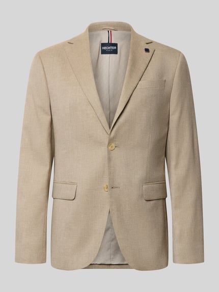 Produktfoto, Regular Fit Blazer mit Viskose-Anteil von HECHTER PARIS in Beige, Elastischer-Material-Mix, Logo-Applikation, Brusttasche, Paspeltaschen, 2-Knopfleiste, Reverskragen, strukturierte Oberfläche