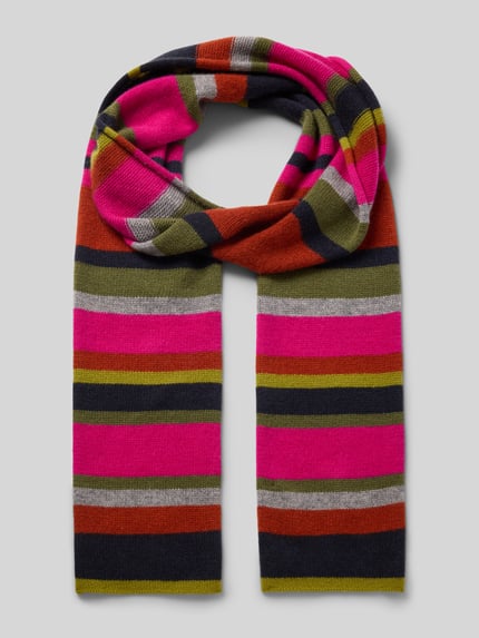 Produktfoto, Schal in rechteckiger Form von Christian Berg Woman, gestreift in Pink, Orange, Olive und Schwarz, gerippte Abschlüsse, 34x220 cm