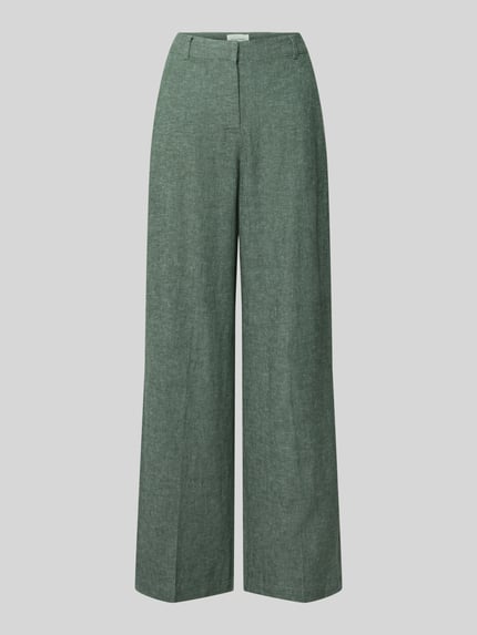 Produktfoto, Leinenhose mit Eingrifftaschen Modell 'Pennie Ginia' von MSCH Copenhagen, grün, Leinen-Mix mit Viskose-Anteil, Wide-Leg-Pants, Haken- und Reißverschluss, französische Eingrifftaschen, Gesäßleistentaschen, Stoffstruktur mit feiner Weboptik, Bundweite 38 cm, Innenbeinlänge 81 cm, Damen