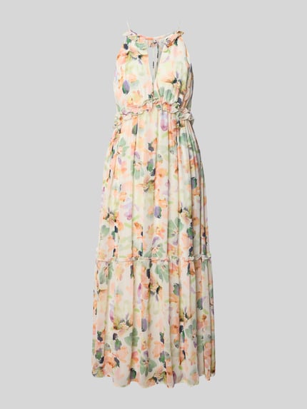 Produktfoto, Cocktailkleid mit Rüschen und Cut Out im Rücken von Jake*s Cocktail aus Chiffon im Allover-Look, A-Linie, Midikleid, bunte Floralfarben, Rüschen-Details, Schlüsselloch-Ausschnitt, Rückenlänge 133 cm, Brustweite 33 cm, Ärmellänge 22 cm bei Größe 36
