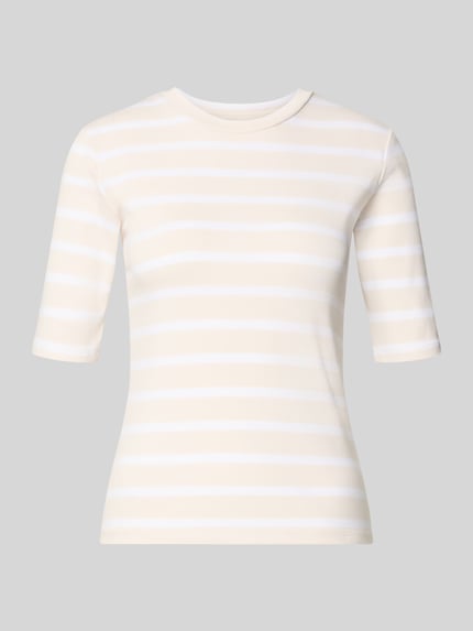 Produktfoto, Basic T-Shirt Ringel O-Neck von Christian Berg Woman, creme-weiße Ringel, Baumwoll-Elasthan-Mix, körpernaher Schnitt, halbärmelig