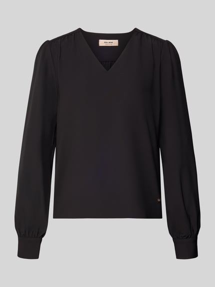 Produktfoto, Langarmbluse mit V-Ausschnitt von MOS MOSH in Schwarz, Ballonärmel, Regular Fit, glatte Struktur, schlichte Form