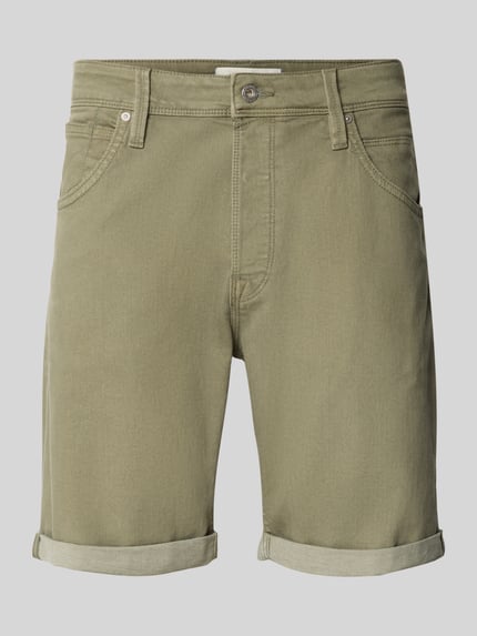 Produktfoto, Regular Fit Shorts mit Umschlag Modell 'RICK' von Jack & Jones aus Baumwoll-Mix mit Stretch-Anteil, Eingrifftaschen, khakigrün, sichtbare Nähte, glatte Struktur, Bundweite 46 cm, Innenbeinlänge 22 cm