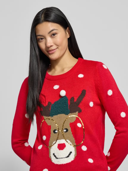 VERO MODA Regular Fit Weihnachtspullover mit Pailletten-Motiv Modell 'TINSEL' Rot 3