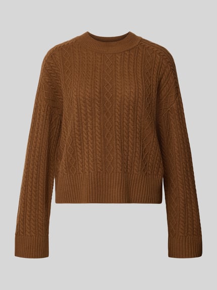 Produktfoto, brązowy Strickpullover aus Lanawolle mit Zopfmuster von windsor., czysta wełna, krój relaxed fit, wzór warkoczowy, okrągły dekolt, miękka faktura, długość tyłu w rozmiarze 36: 53 cm, długość rękawa w rozmiarze 36: 57 cm