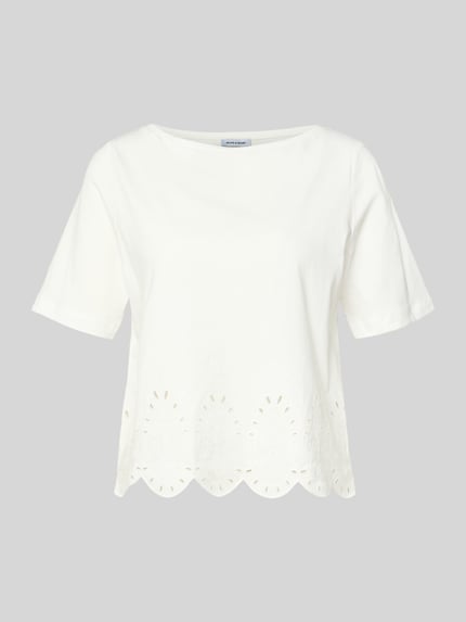 Produktfoto, T-Shirt mit Rundhalsausschnitt und Lochstickerei von More & More, Damen T-Shirt aus Reine Baumwolle, Regular-Fit, weiß, Rückenlänge 66 cm bei Größe 36