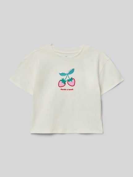 Produktfoto, Kinder T-Shirt mit Motiv- und Statement-Stitching von GAP in Weiß aus reiner Baumwolle, Straight Fit, mit Paillettenbesatz