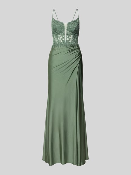 Produktfoto, Semitransparentes Abendkleid mit Spitzenbesatz von Hey Kyla aus grünem Satin, figurbetonter Schnitt, Maxikleid, Corsagenkleid