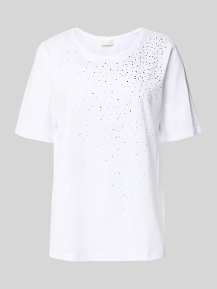 Produktfoto, weißes T-Shirt mit Ziersteinbesatz von Milano Italy, Damen T-Shirt aus reiner Baumwolle, Regular-Fit, Rundhalsausschnitt, Rückenlänge 61 cm bei Größe S.