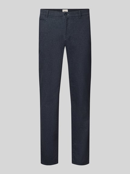 Productfoto, donkerblauwe smalle broek van katoenmix met rechte pijpen en fijne textuur, Schmale Hose aus Baumwoll-Mix Modell 'Fabio' van Brax, Heren