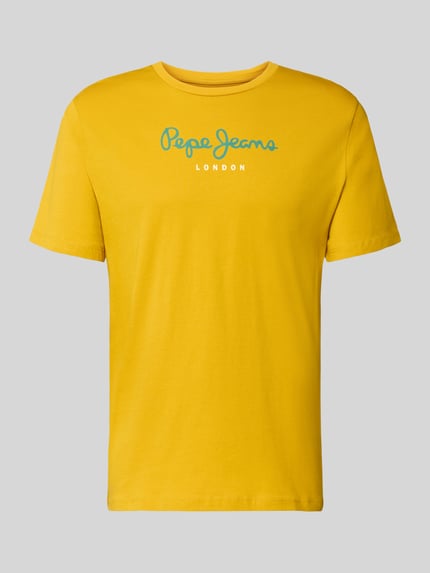 Produktfoto, Regular Fit T-Shirt aus reiner Baumwolle Modell 'EGGO' von Pepe Jeans in Unifarbe Gelb mit Label Print auf Jersey-Oberfläche.