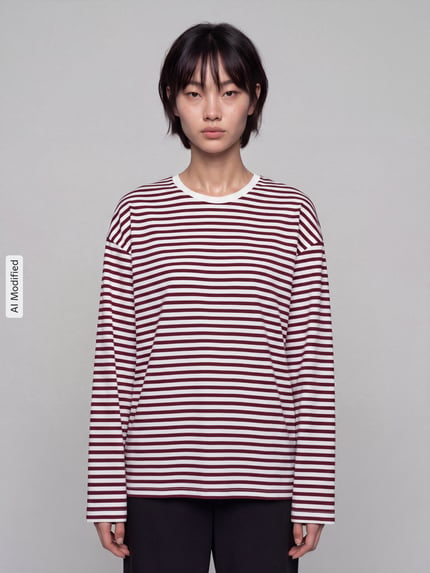 Frauenmodel trägt Regular Fit Langarmshirt aus Baumwoll-Mix Modell 'ADIE' von Pieces, Two Tone Optik, Feinripp, Ganzkörperansicht von vorne, KI-modifiziertes Bild.